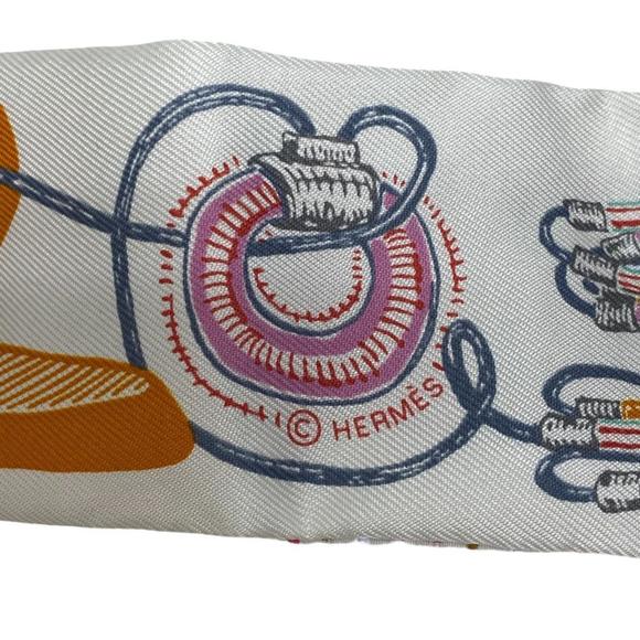 HERMES Twilly Chevaloscope Neon Scarf White Ladies - Picture 8 of 10